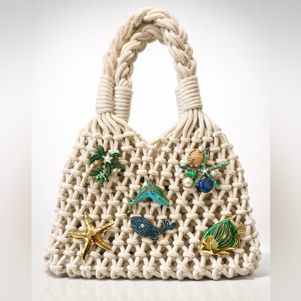 J. Crew Fisherman net tote customized w/ 6 ocean brooches, one of a kind, S